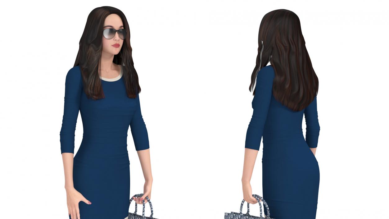 3D Lady Carrying Blue Embroidery Tote Bag model