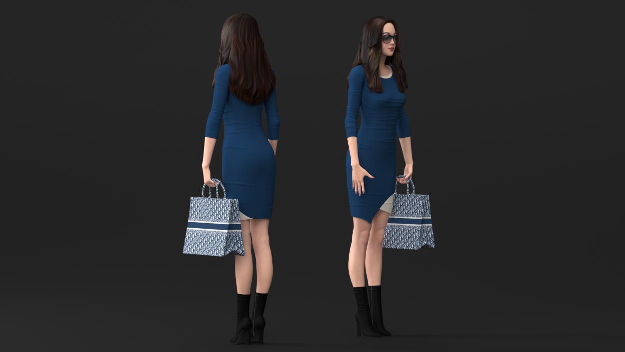 3D Lady Carrying Blue Embroidery Tote Bag model