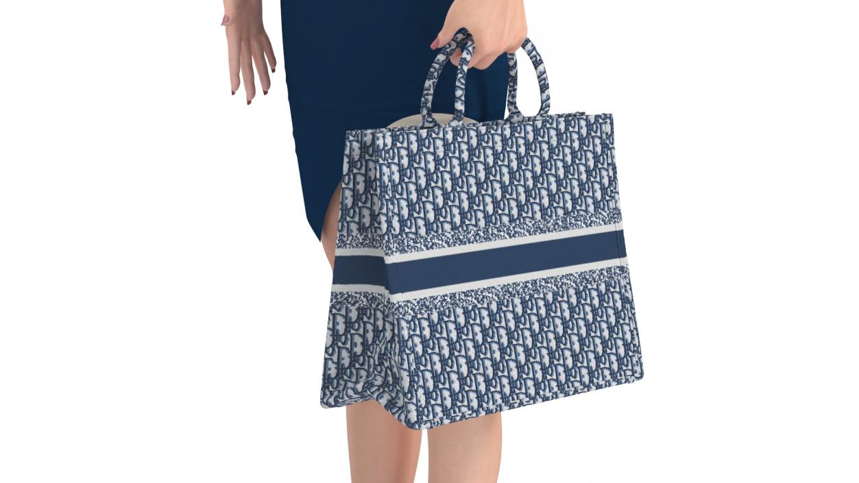 3D Lady Carrying Blue Embroidery Tote Bag model