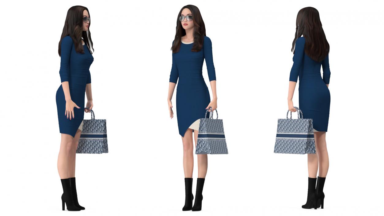 3D Lady Carrying Blue Embroidery Tote Bag model