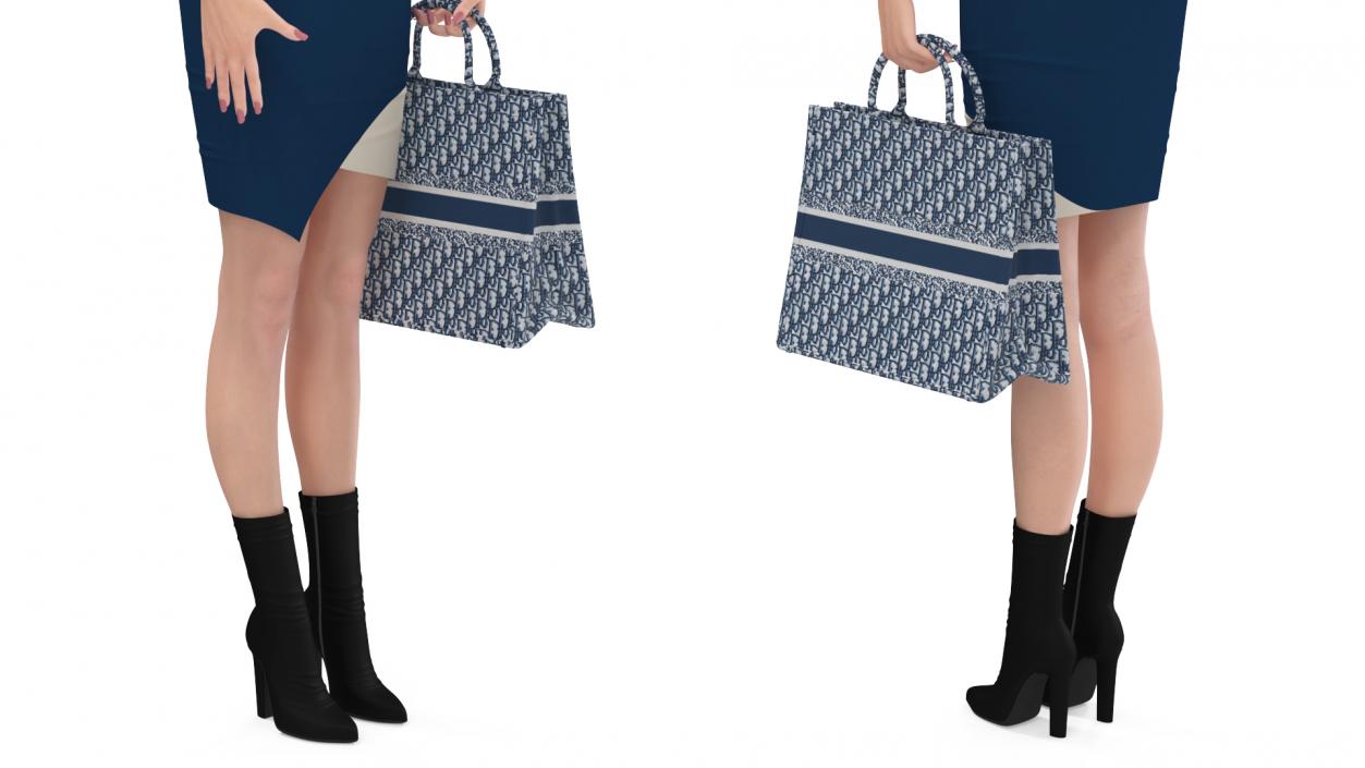 3D Lady Carrying Blue Embroidery Tote Bag model