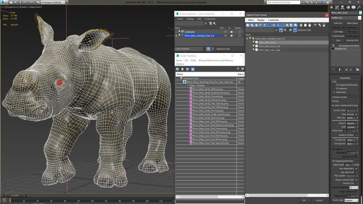 3D Rhino Baby Standing Pose Fur model