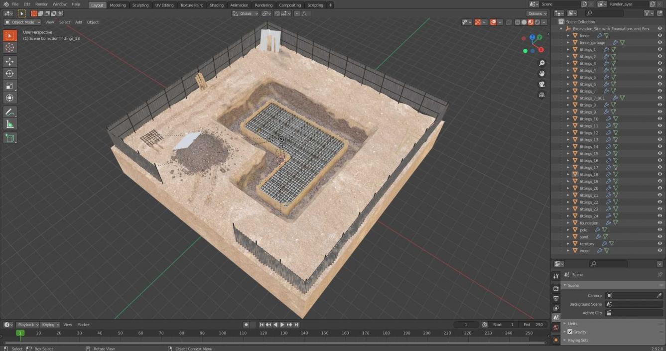 3D Excavation Site with Foundations and Fences model