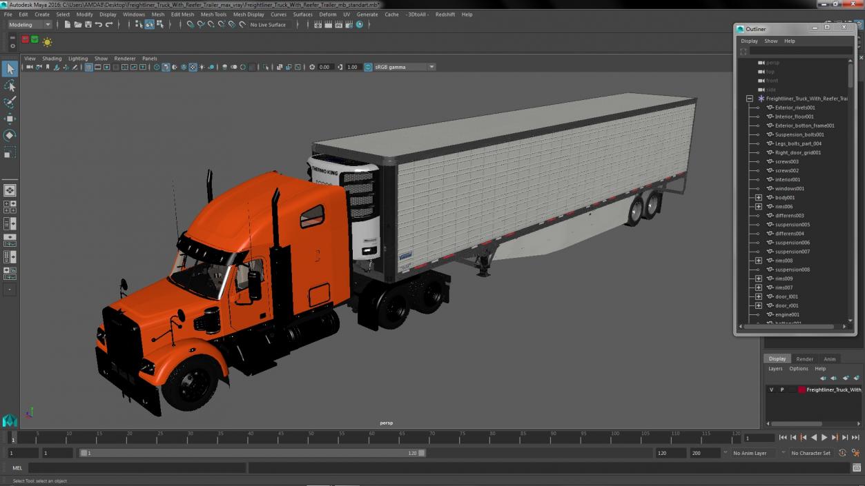 3D Freightliner Truck with Reefer Trailer model