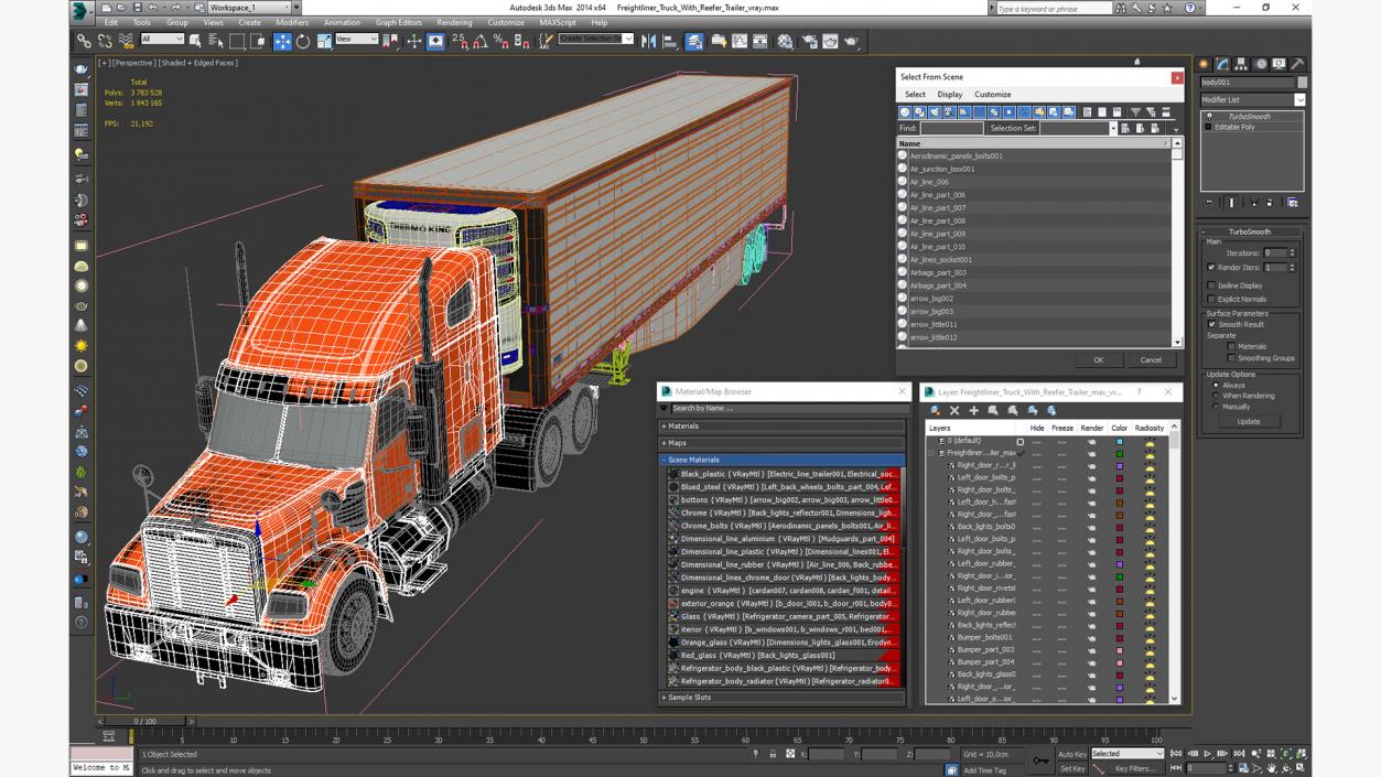 3D Freightliner Truck with Reefer Trailer model