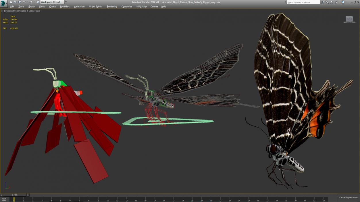 3D model Animated Flight Bhutan Glory Butterfly Rigged