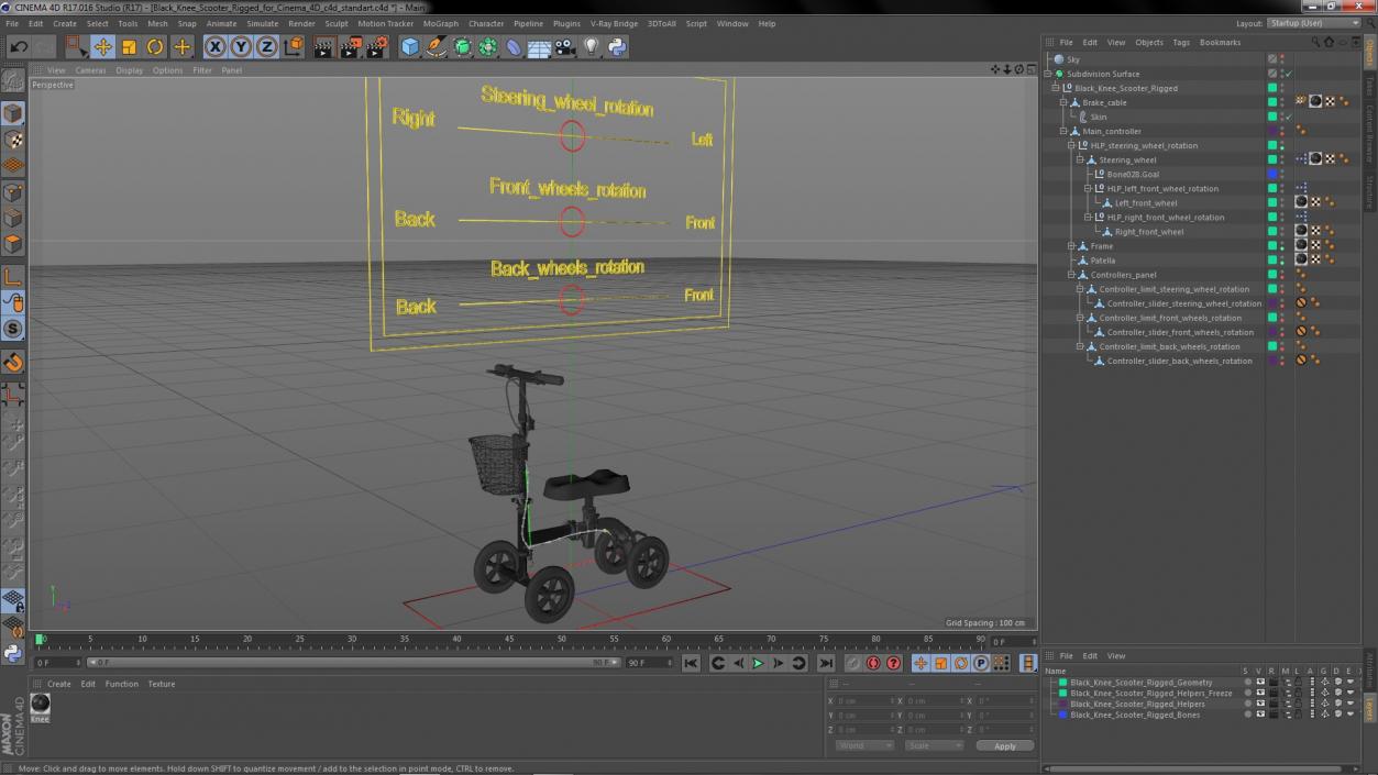 Black Knee Scooter Rigged for Cinema 4D 3D model