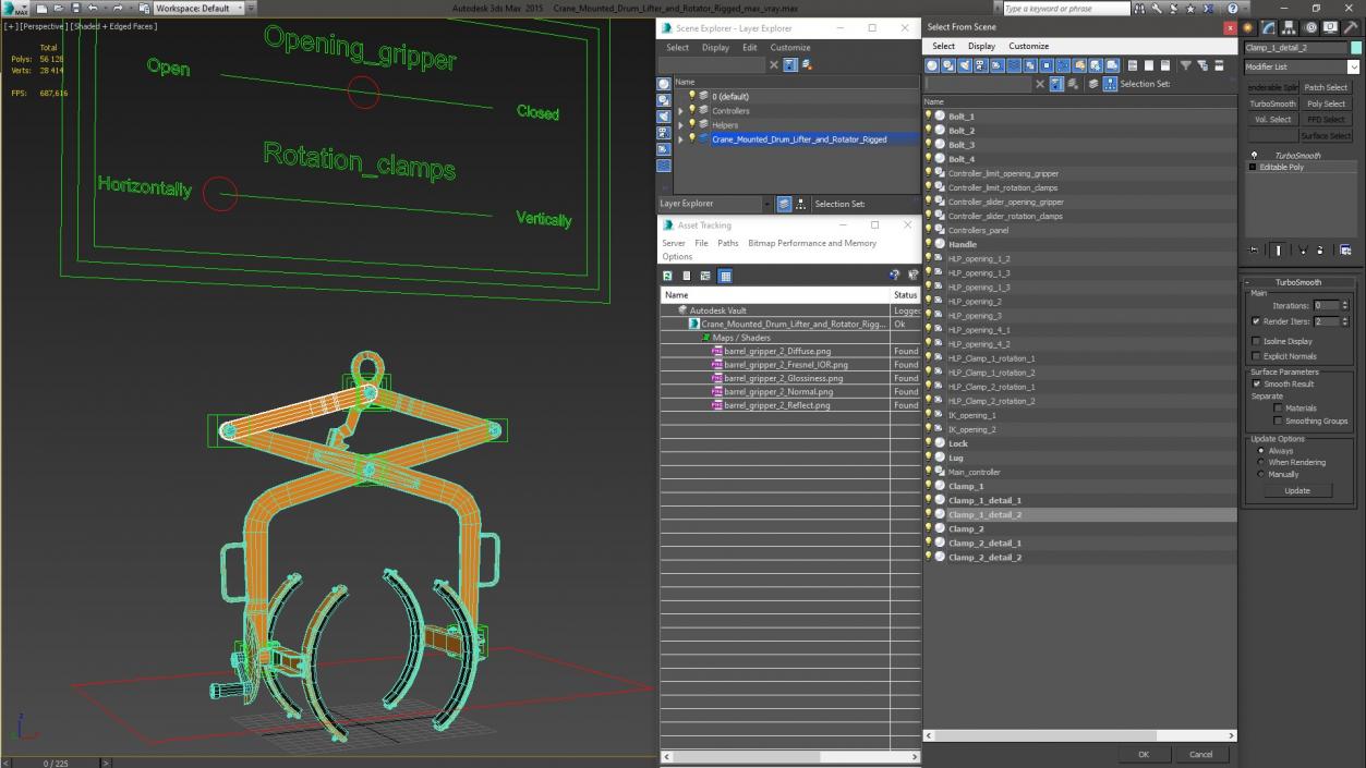 Crane Mounted Drum Lifter and Rotator Rigged 3D model