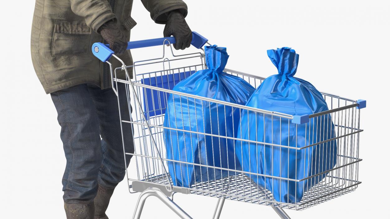 3D Homeless Man with Shopping Cart