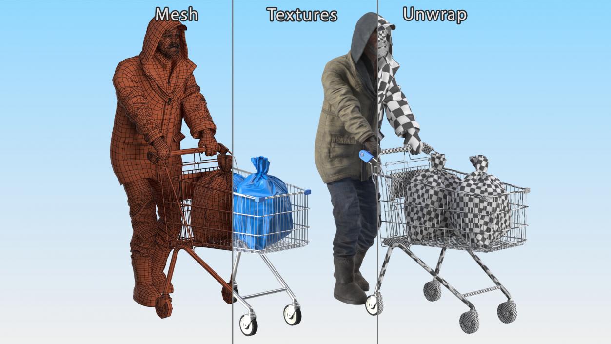 3D Homeless Man with Shopping Cart