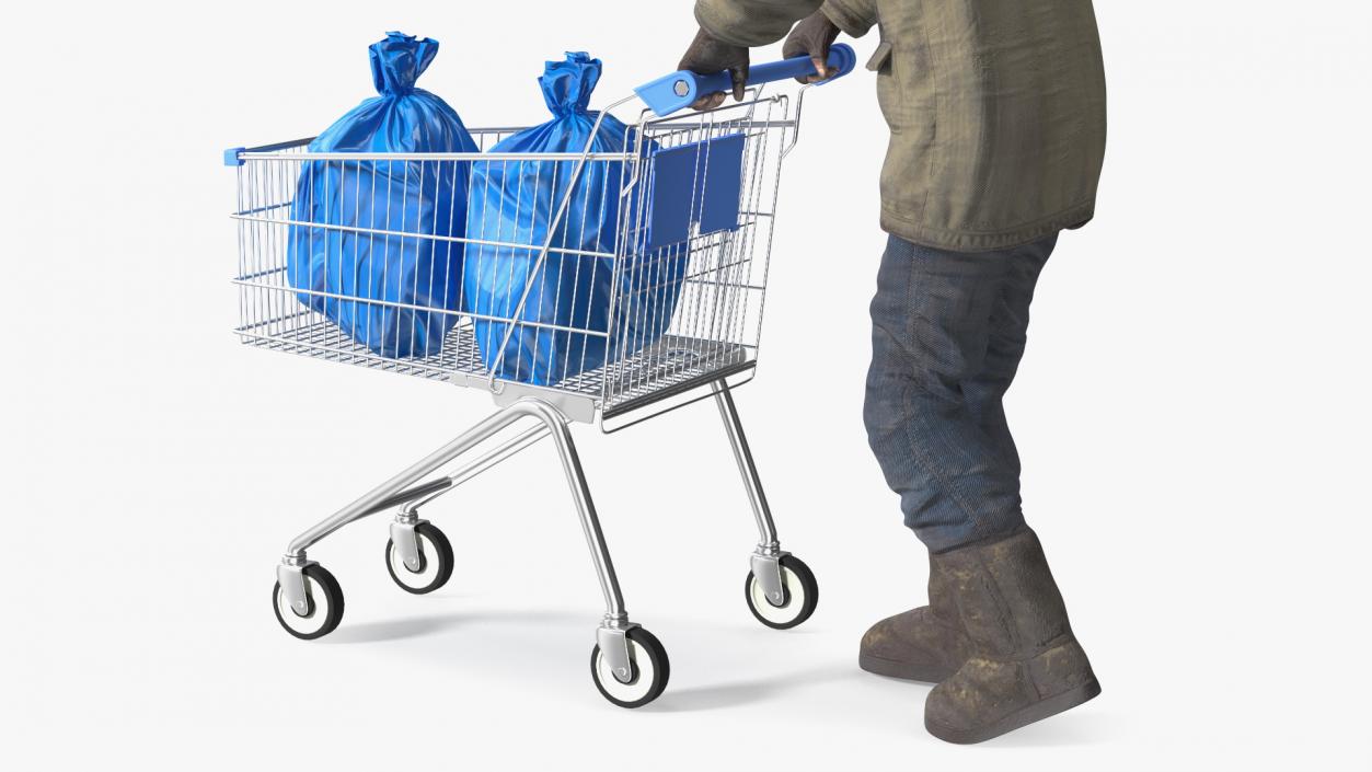 3D Homeless Man with Shopping Cart