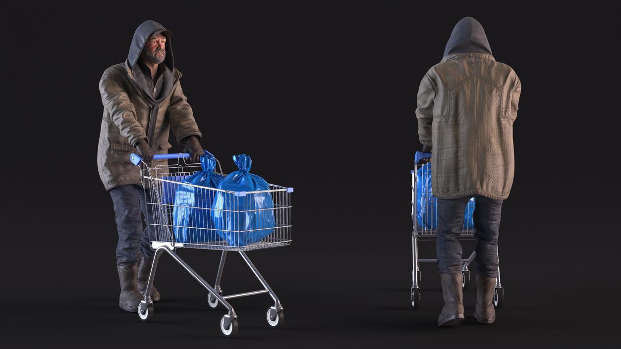 3D Homeless Man with Shopping Cart