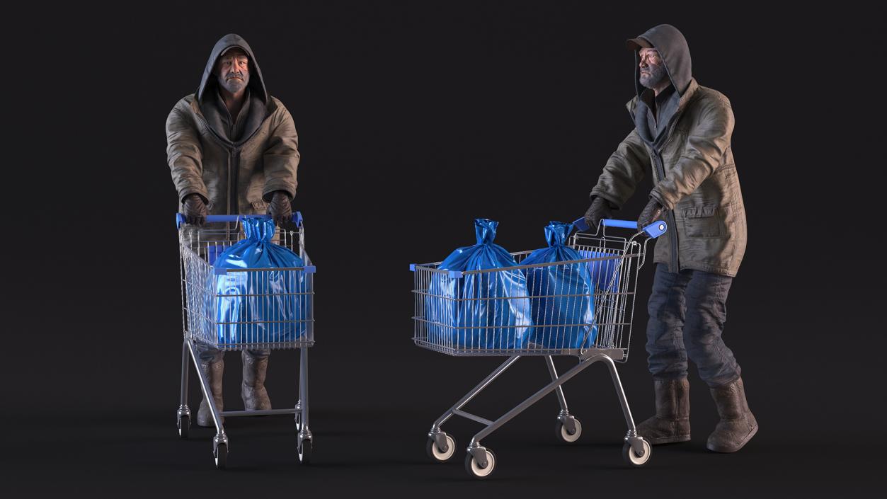 3D Homeless Man with Shopping Cart