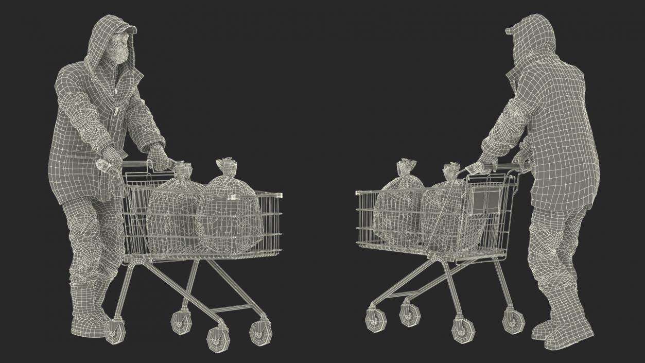 3D Homeless Man with Shopping Cart