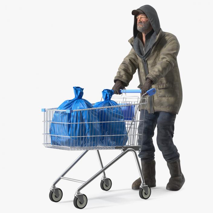 3D Homeless Man with Shopping Cart