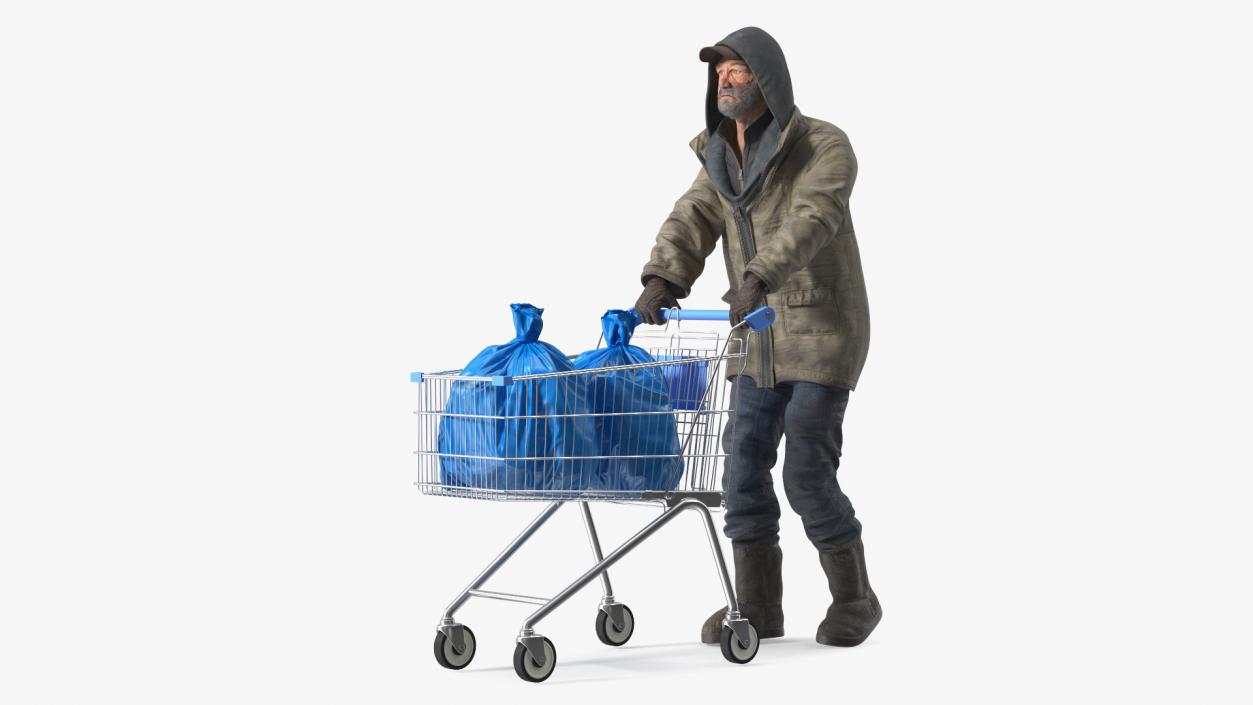 3D Homeless Man with Shopping Cart