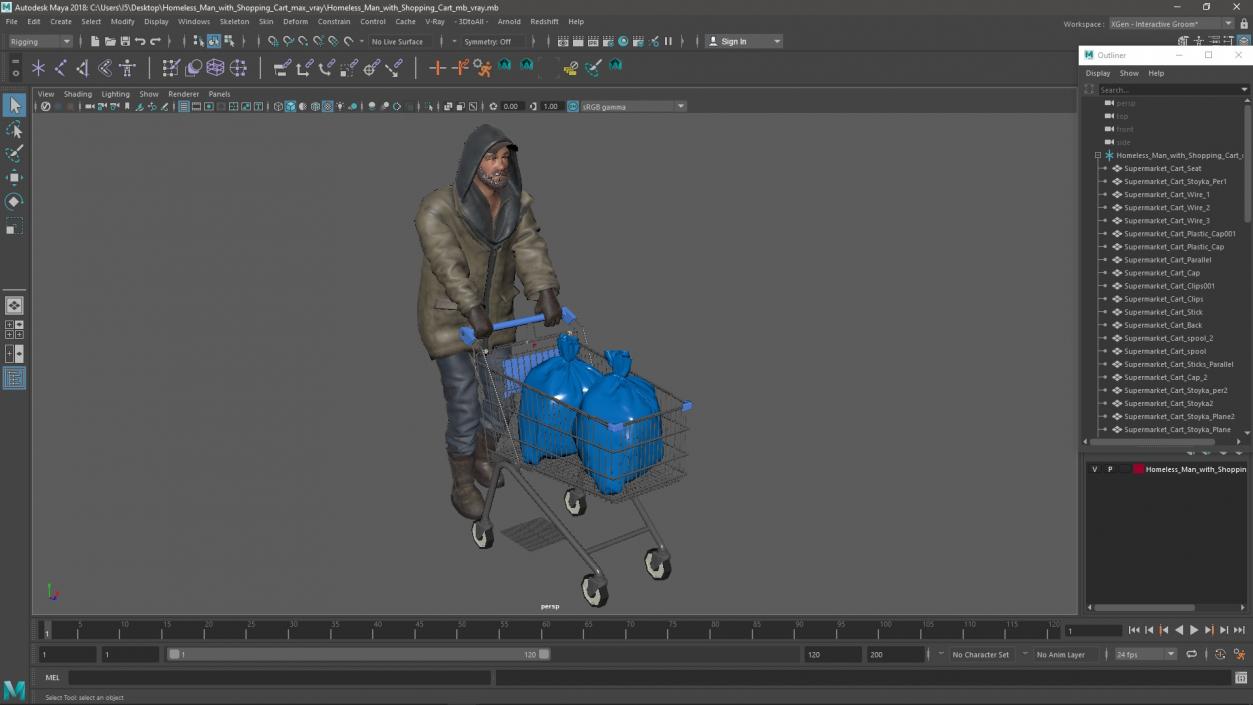 3D Homeless Man with Shopping Cart