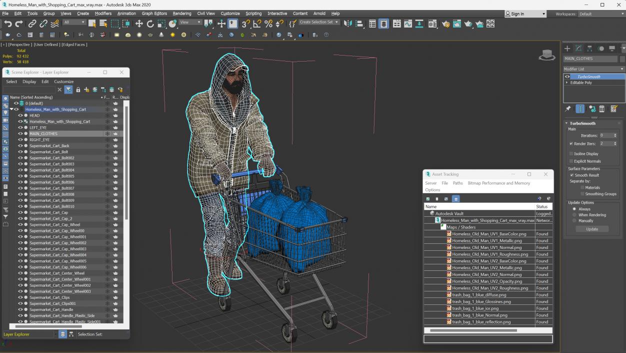 3D Homeless Man with Shopping Cart