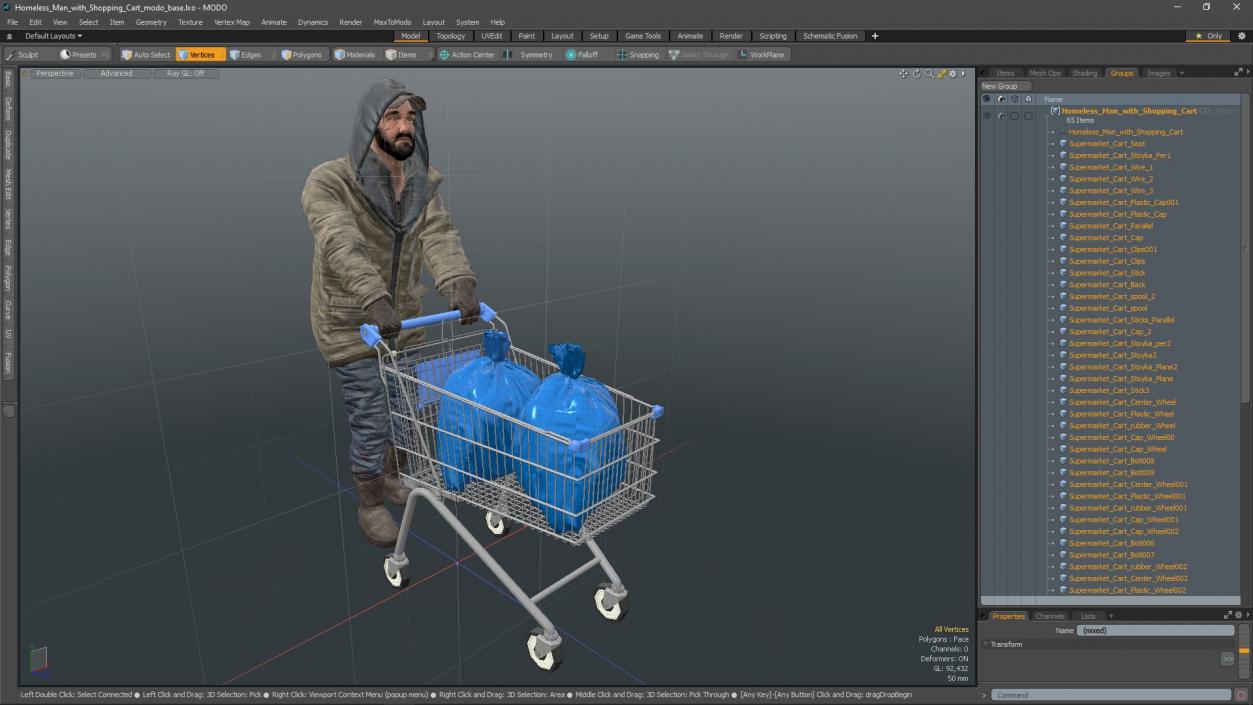 3D Homeless Man with Shopping Cart