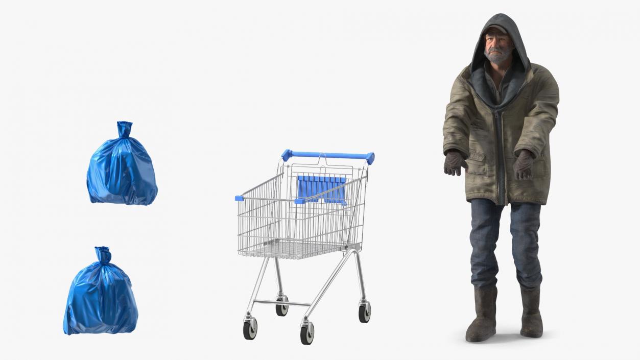 3D Homeless Man with Shopping Cart