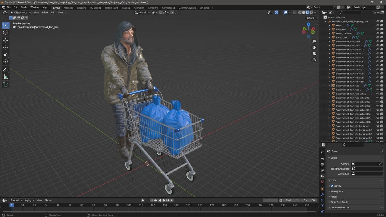 3D Homeless Man with Shopping Cart