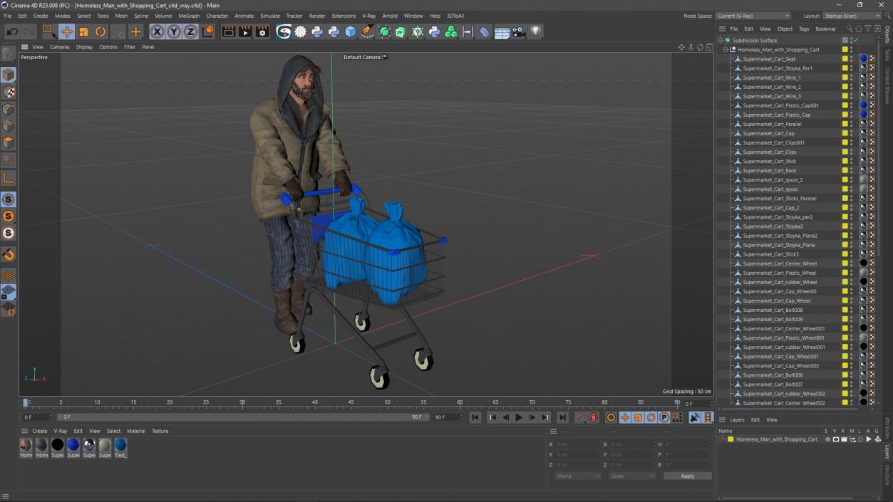 3D Homeless Man with Shopping Cart