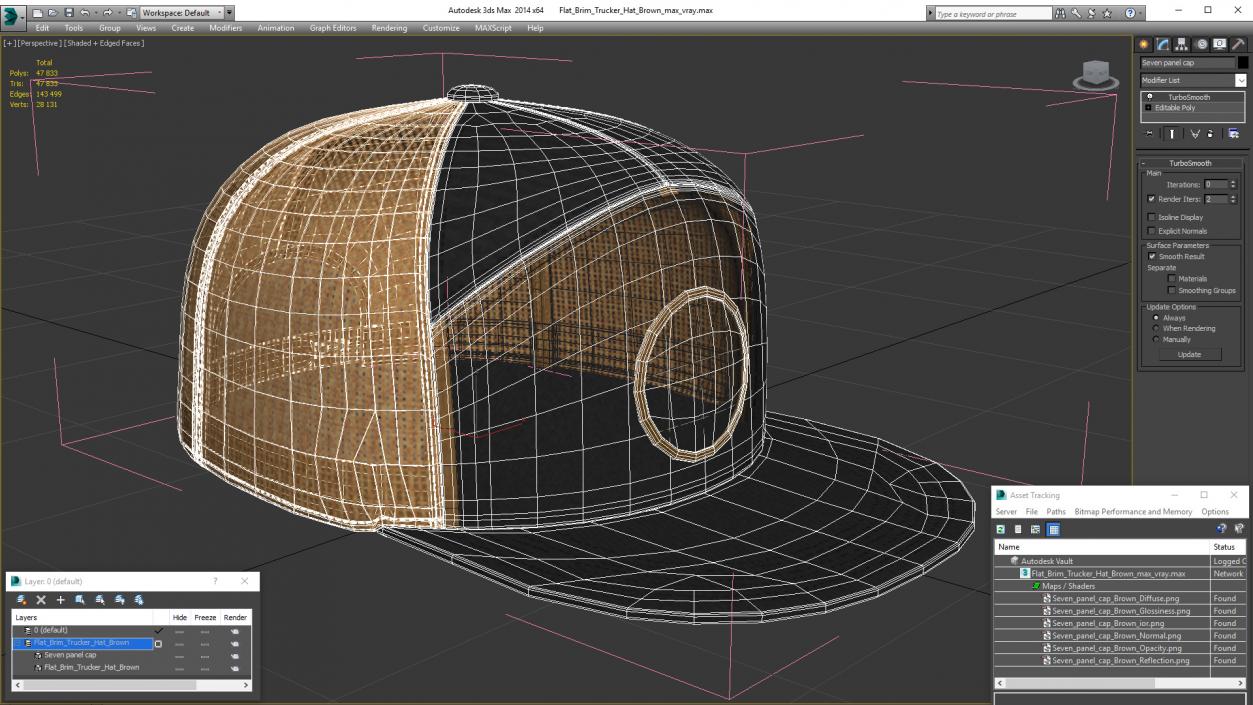 Flat Brim Trucker Hat Brown 3D