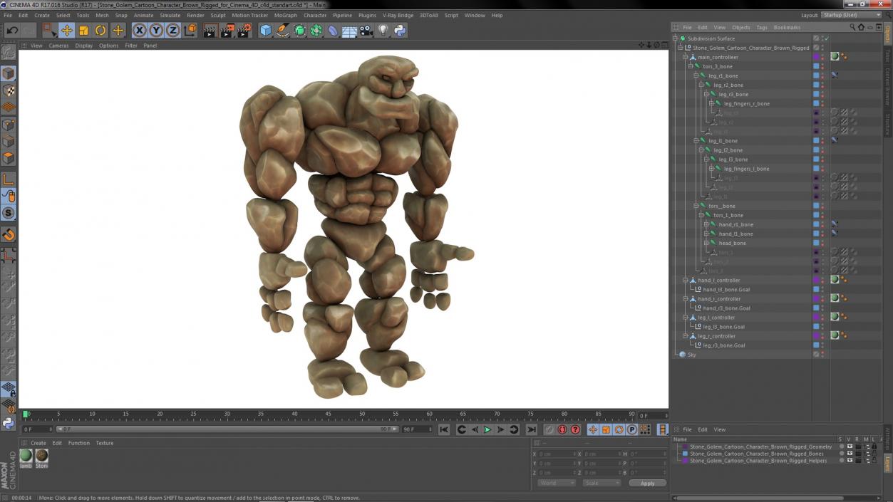 3D Stone Golem Cartoon Character Brown Rigged for Cinema 4D