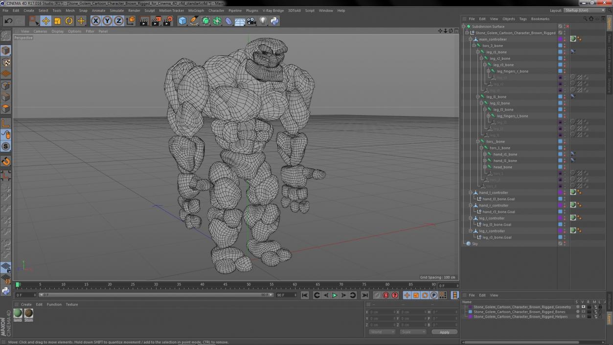 3D Stone Golem Cartoon Character Brown Rigged for Cinema 4D