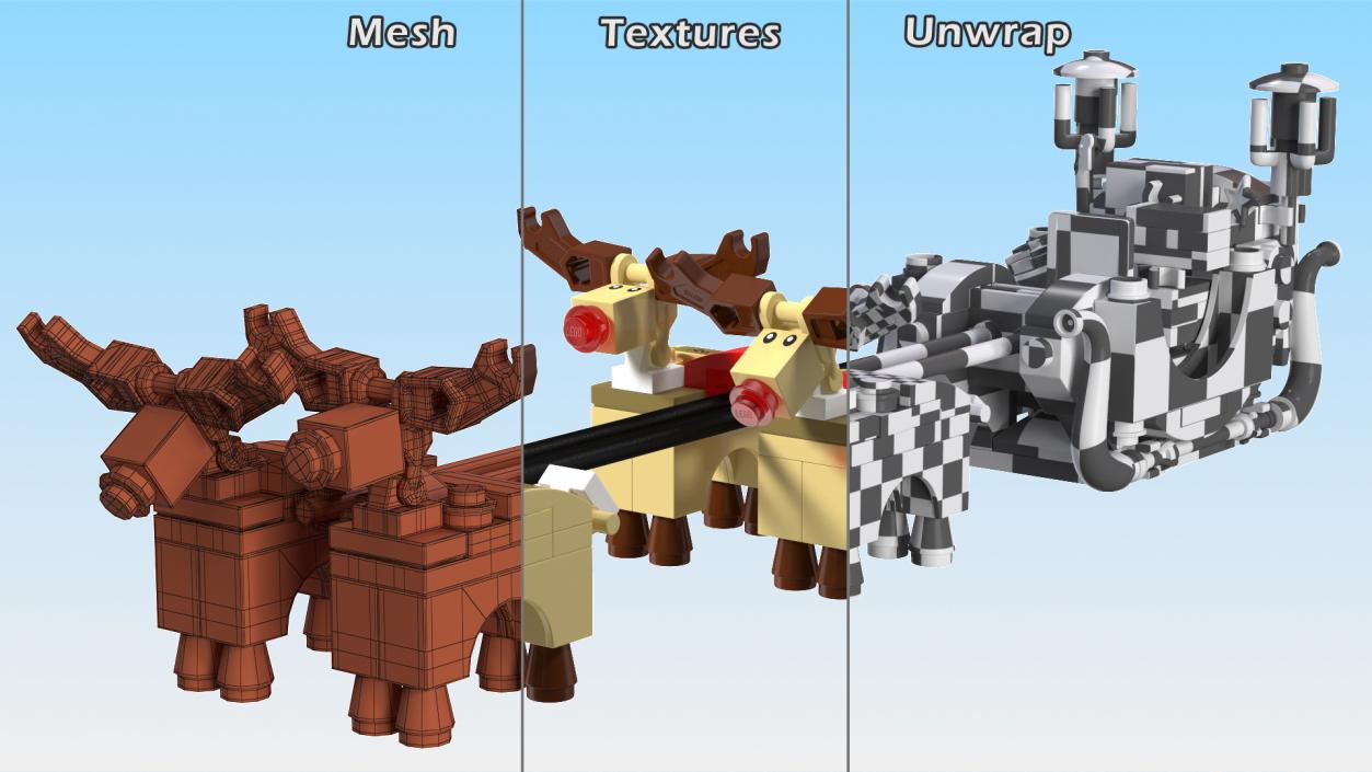 3D Lego Santa Sleigh and Reindeers