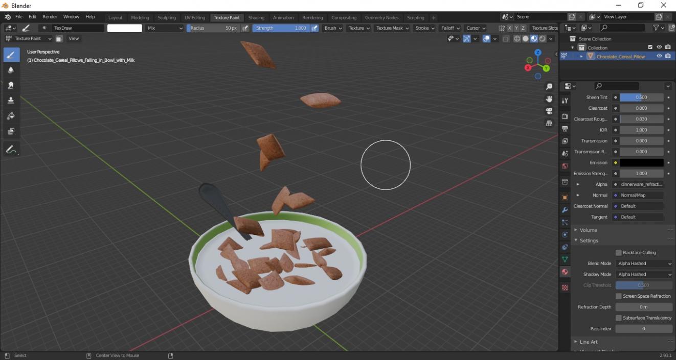 3D model Chocolate Cereal Pillows Falling in Bowl with Milk