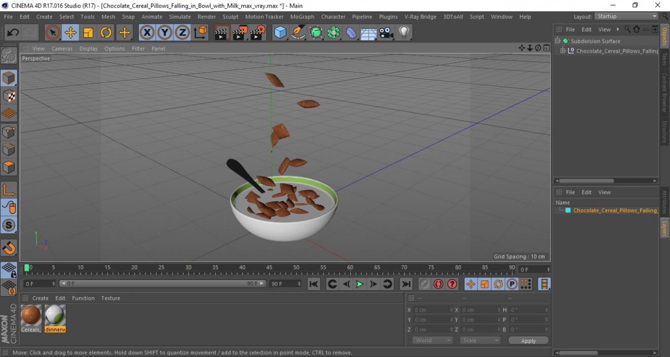 3D model Chocolate Cereal Pillows Falling in Bowl with Milk