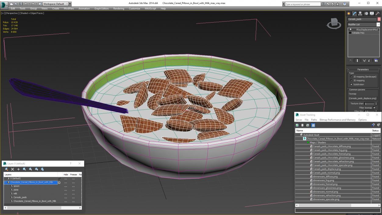 3D model Chocolate Cereal Pillows Falling in Bowl with Milk