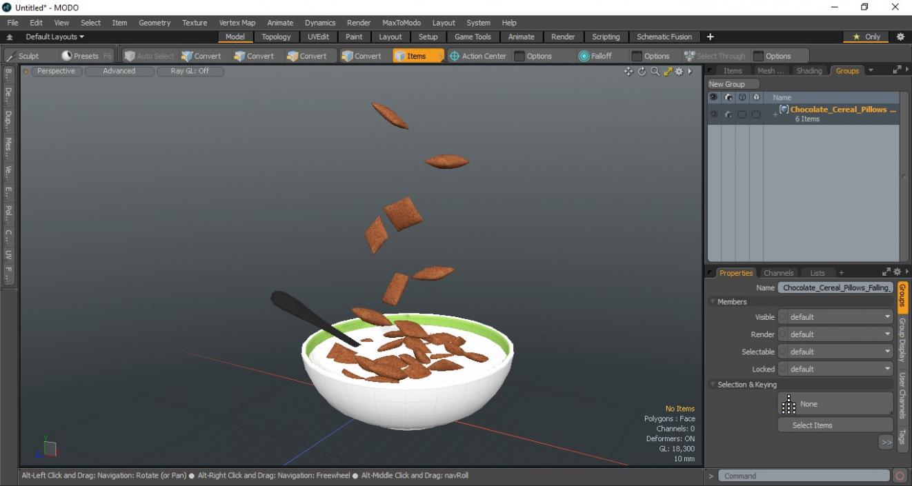 3D model Chocolate Cereal Pillows Falling in Bowl with Milk