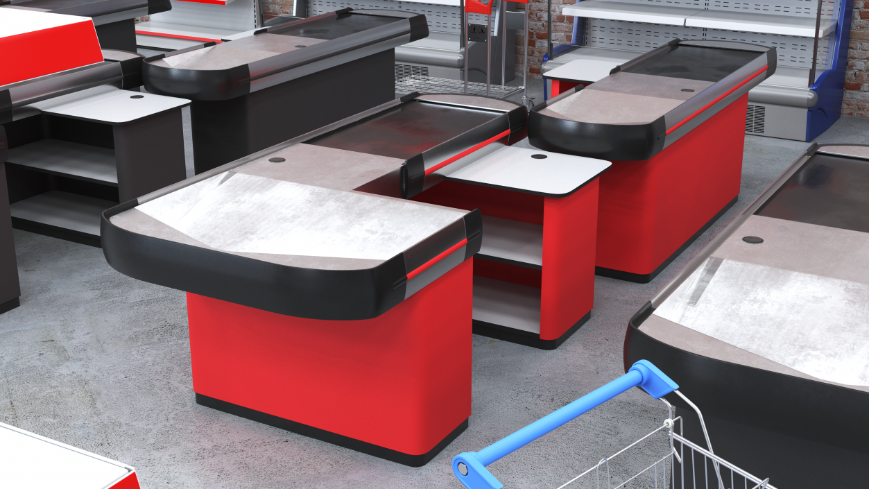 3D Modern Retail Checkout Counters Set Red Rigged