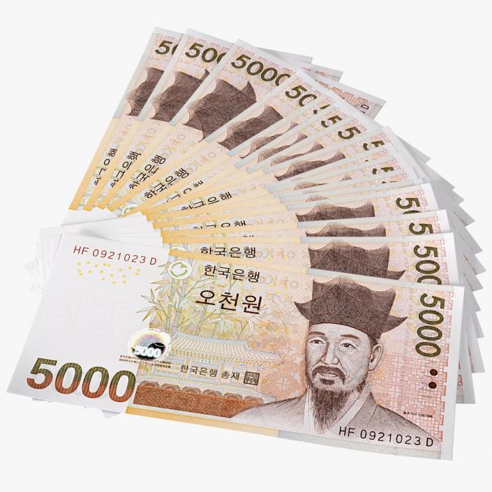 Fan Shaped South Korean 5000 Won Banknotes 3D