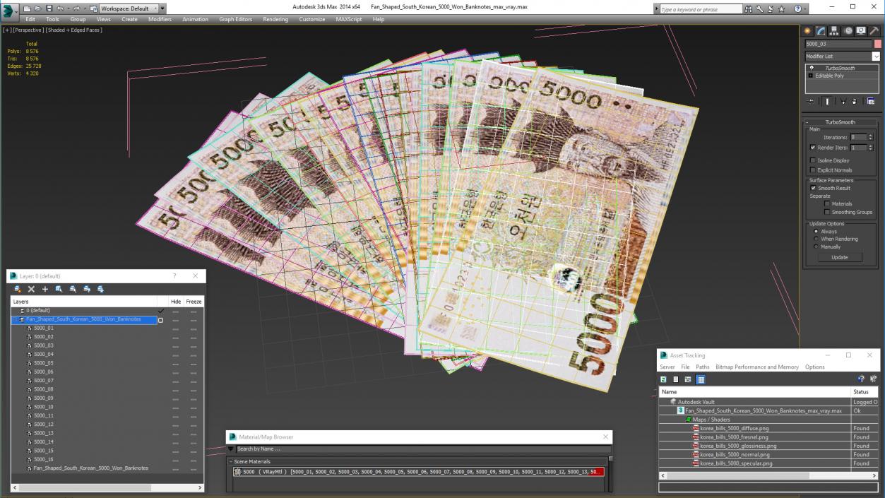 Fan Shaped South Korean 5000 Won Banknotes 3D