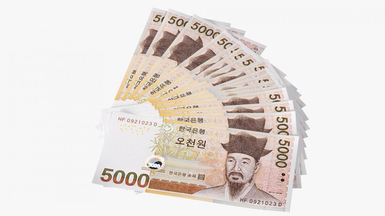 Fan Shaped South Korean 5000 Won Banknotes 3D