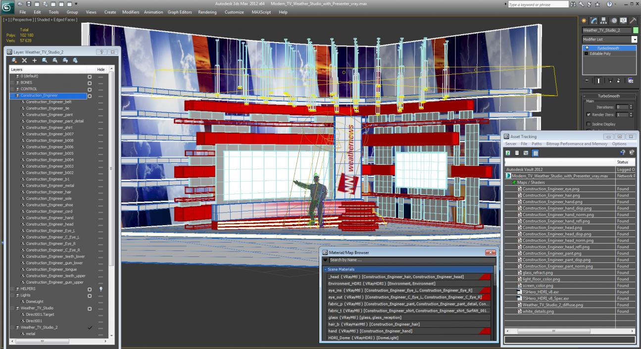 3D Modern TV Weather Studio with Rigged Presenter