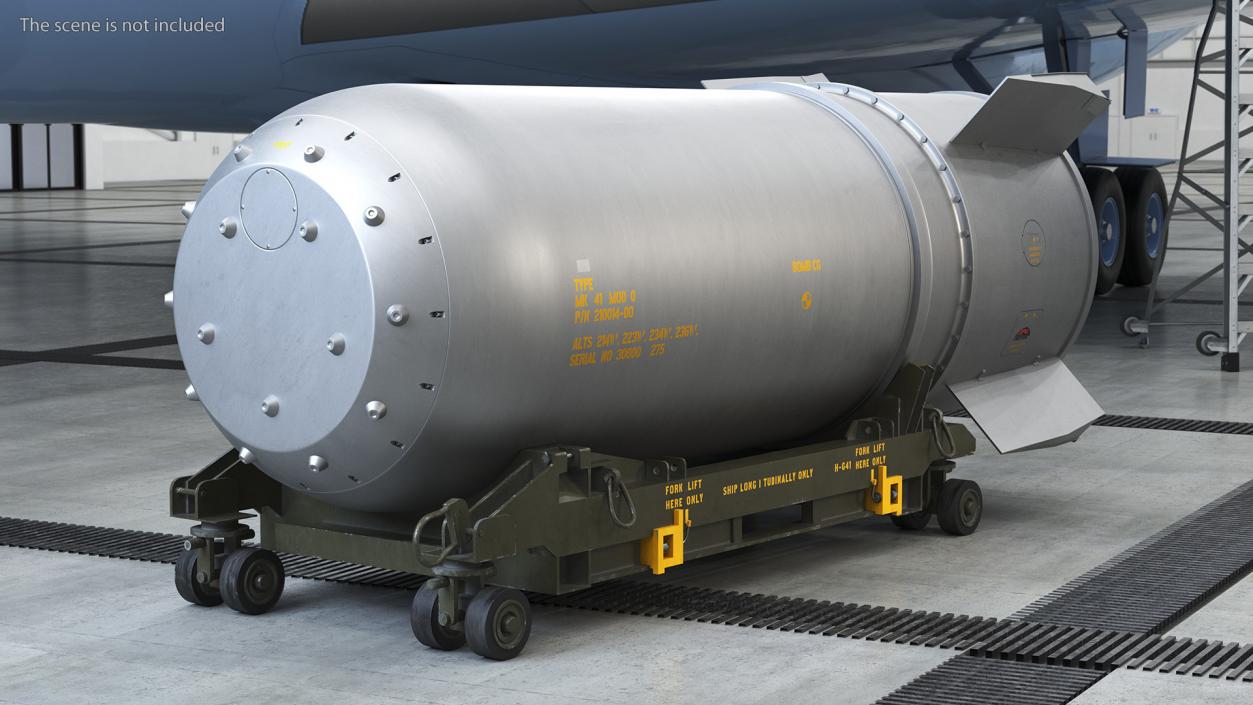 Steel B41 Nuclear Bomb with Airplane Trolley 3D model