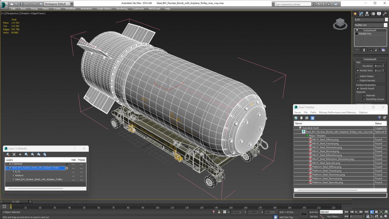 Steel B41 Nuclear Bomb with Airplane Trolley 3D model