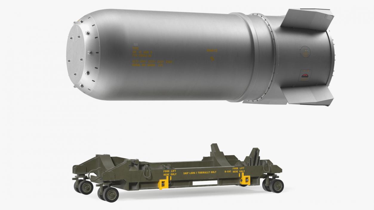 Steel B41 Nuclear Bomb with Airplane Trolley 3D model