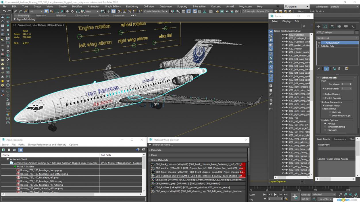 3D Commercial Airliner Boeing 727-100 Iran Aseman Rigged model