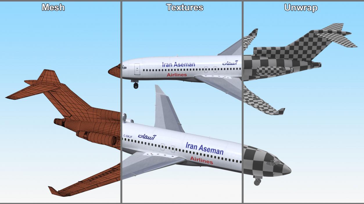 3D Commercial Airliner Boeing 727-100 Iran Aseman Rigged model