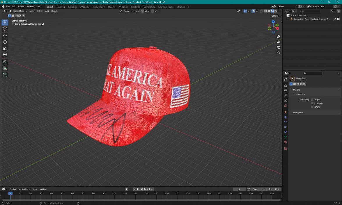 Republican Party Elephant Icon on Trump Baseball Cap 3D