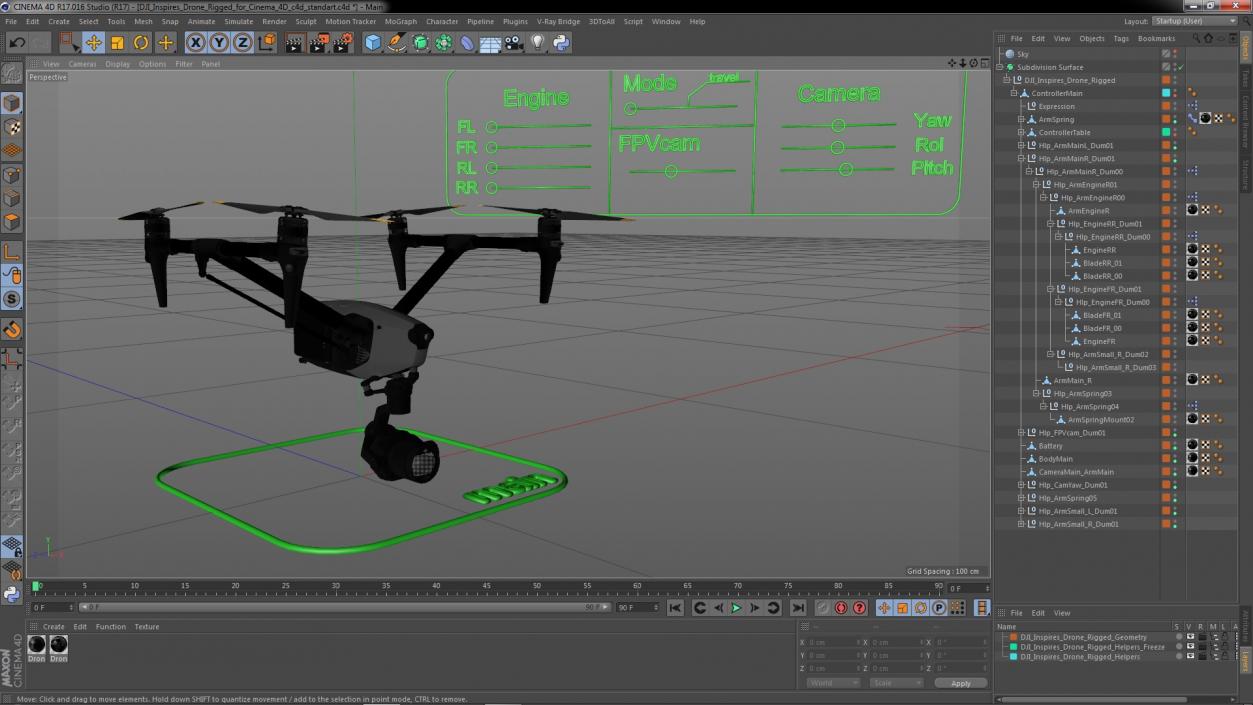 DJI Inspires Drone Rigged for Cinema 4D 3D model