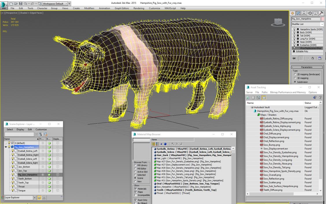 3D Hampshire Pig Sow with Fur