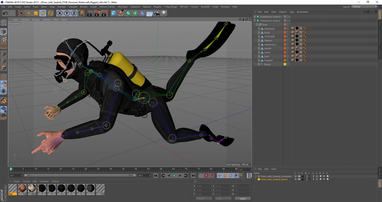 3D Diver with Seabob F5SR Personal Watercraft Rigged for Cinema 4D model