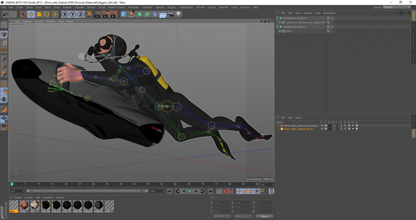 3D Diver with Seabob F5SR Personal Watercraft Rigged for Cinema 4D model