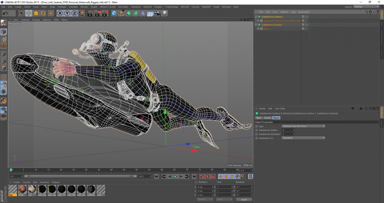 3D Diver with Seabob F5SR Personal Watercraft Rigged for Cinema 4D model